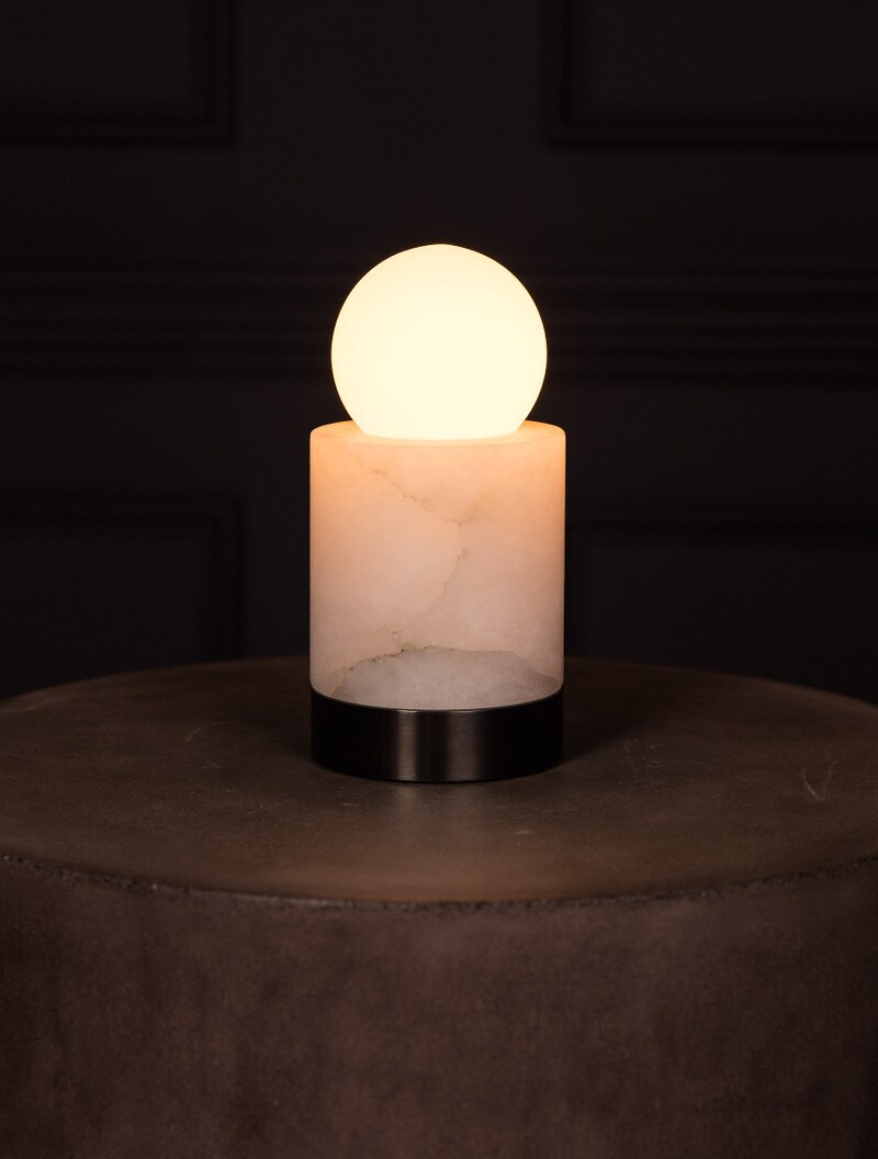 Alabaster T01 shown in Blackened Brass, Alabaster Stone, Opal Globe